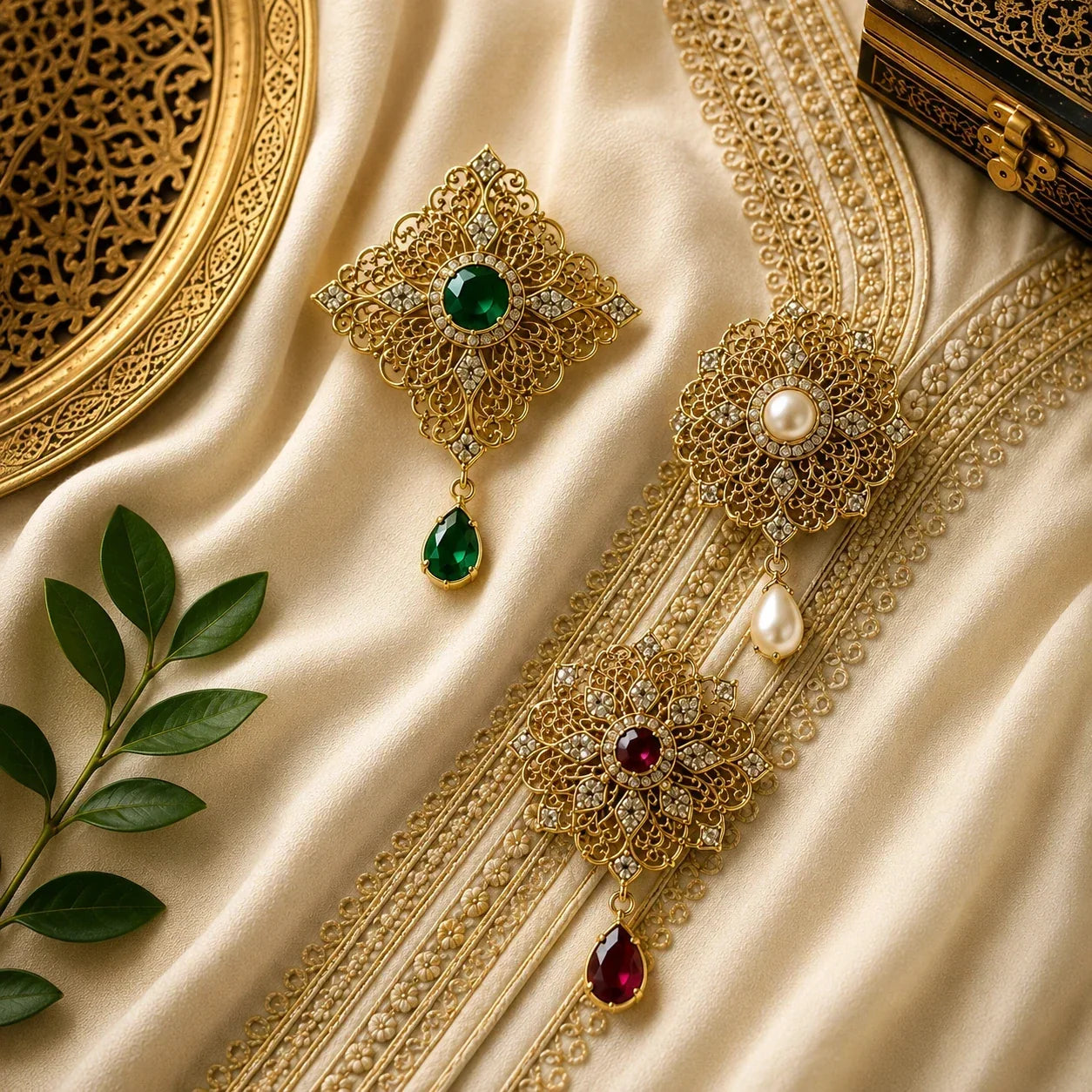 Broches de caftan marocain dorées sur tissu brodé - guide complet