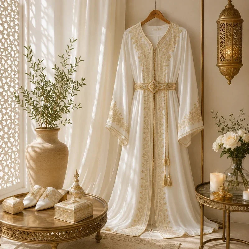 Caftan blanc de mariage avec broderies dorées présenté sans mannequin dans un décor d'inspiration marocaine