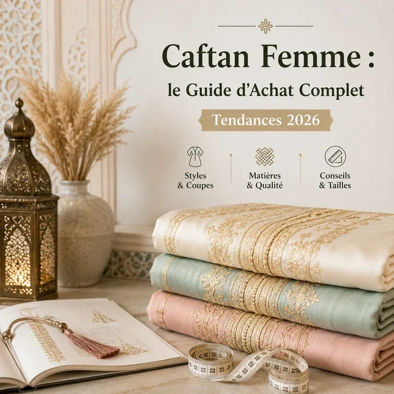 Guide d'achat du caftan femme présentant des tissus brodés, des matières élégantes et les tendances 2026 pour choisir un caftan de qualité.