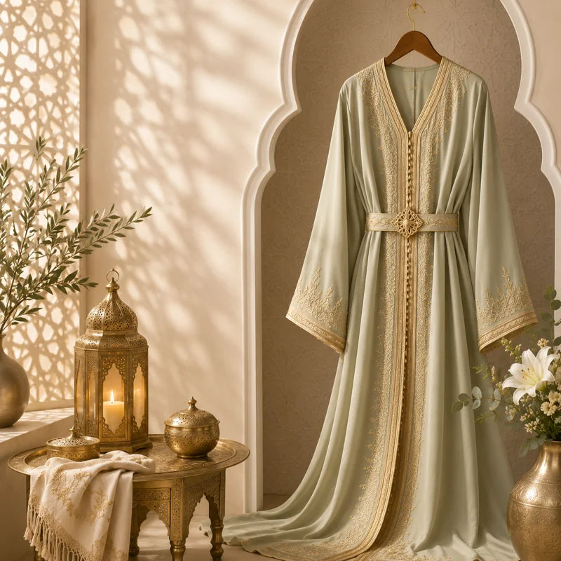 Tenue caftan chic pour mariage marocain présentée dans un intérieur marocain haut de gamme avec décoration artisanale.