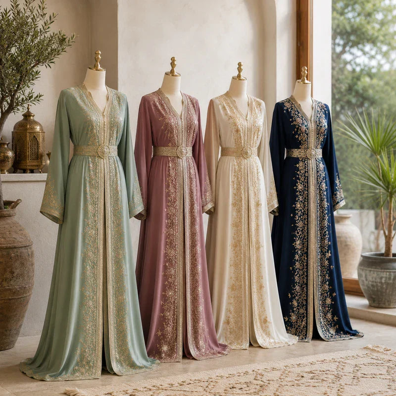 Mannequins présentant plusieurs caftans marocains traditionnels brodés dans un showroom élégant, guide pour choisir un caftan marocain ou une takchita pour mariage, fête et cérémonie.