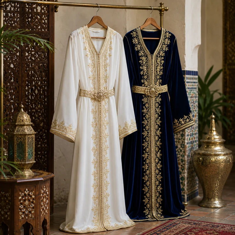 Comparaison entre un caftan marocain et une takchita marocaine traditionnelle richement brodés dans un décor oriental authentique.