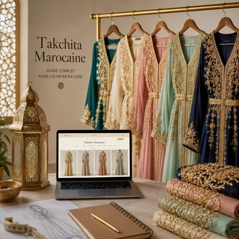 Takchita marocaine de luxe présentée sur un portant avec ordinateur portable, guide complet pour acheter une takchita marocaine en ligne.