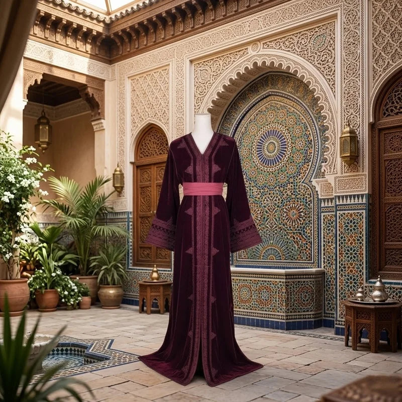 Caftan velours bordeaux marocain élégant avec détails brodés et coupe fluide, idéal pour mariage et soirée