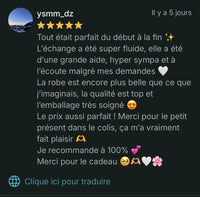 Avis client 5 étoiles mettant en avant une expérience fluide, une qualité de caftan élevée, un bon rapport qualité prix et un service attentionné avec emballage soigné.