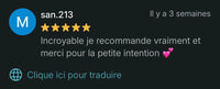 Avis client 5 étoiles exprimant une forte satisfaction, une recommandation et une attention appréciée lors d’un achat de caftan.