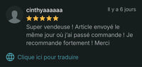 Avis client 5 étoiles mentionnant une expédition le jour même, une expérience positive et une forte recommandation pour un achat de caftan.