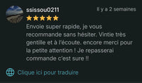 Avis client 5 étoiles mentionnant une livraison rapide, un service à l’écoute et une expérience positive pour un achat de caftan.