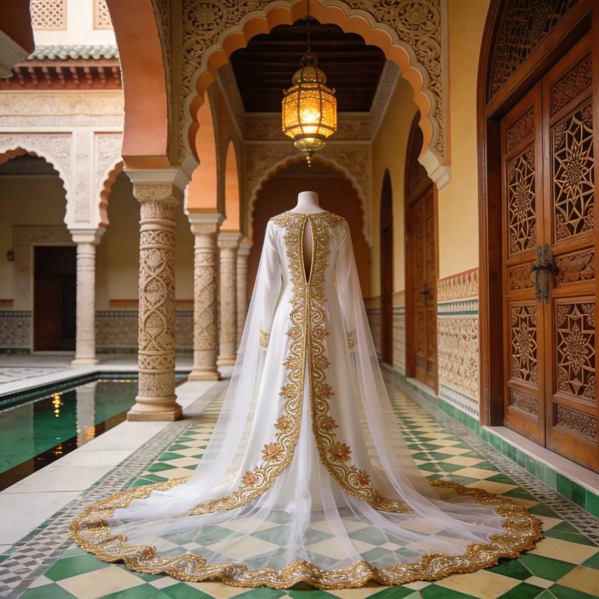 Caftan marocain blanc et doré avec broderies sur buste mannequin dans la cour d'un riad traditionnel aux zeliges verts - Collection luxe 2026