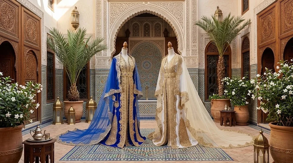Deux caftans marocains brodés, l’un bleu roi avec broderies dorées et l’autre blanc doré avec traîne, présentés dans un riad traditionnel marocain avec décoration artisanale.