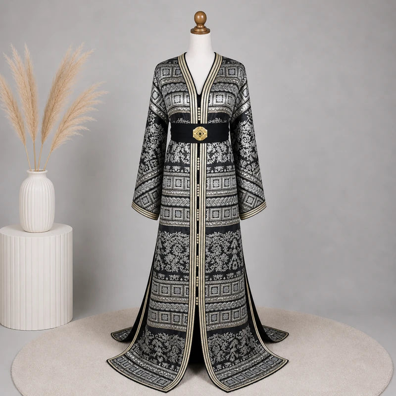 Caftan marocain brocart noir vintage pour femme avec motifs argentés raffinés, coupe longue élégante et ceinture noire à boucle dorée.