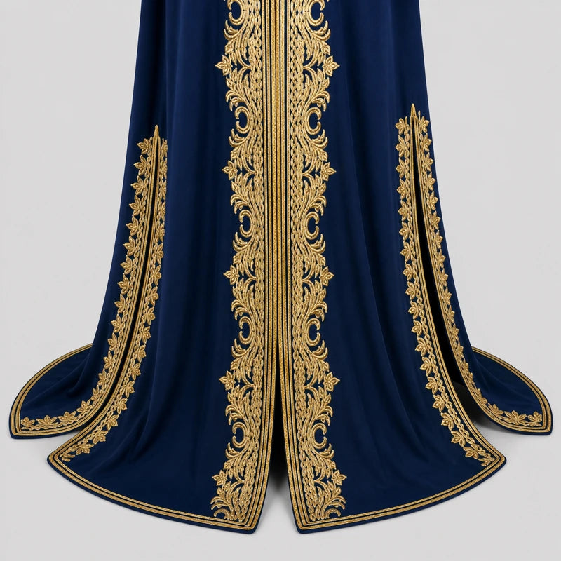 Détail des finitions et broderies dorées d’un caftan bleu en crêpe de soie, robe orientale élégante avec motifs raffinés pour mariage et cérémonie.