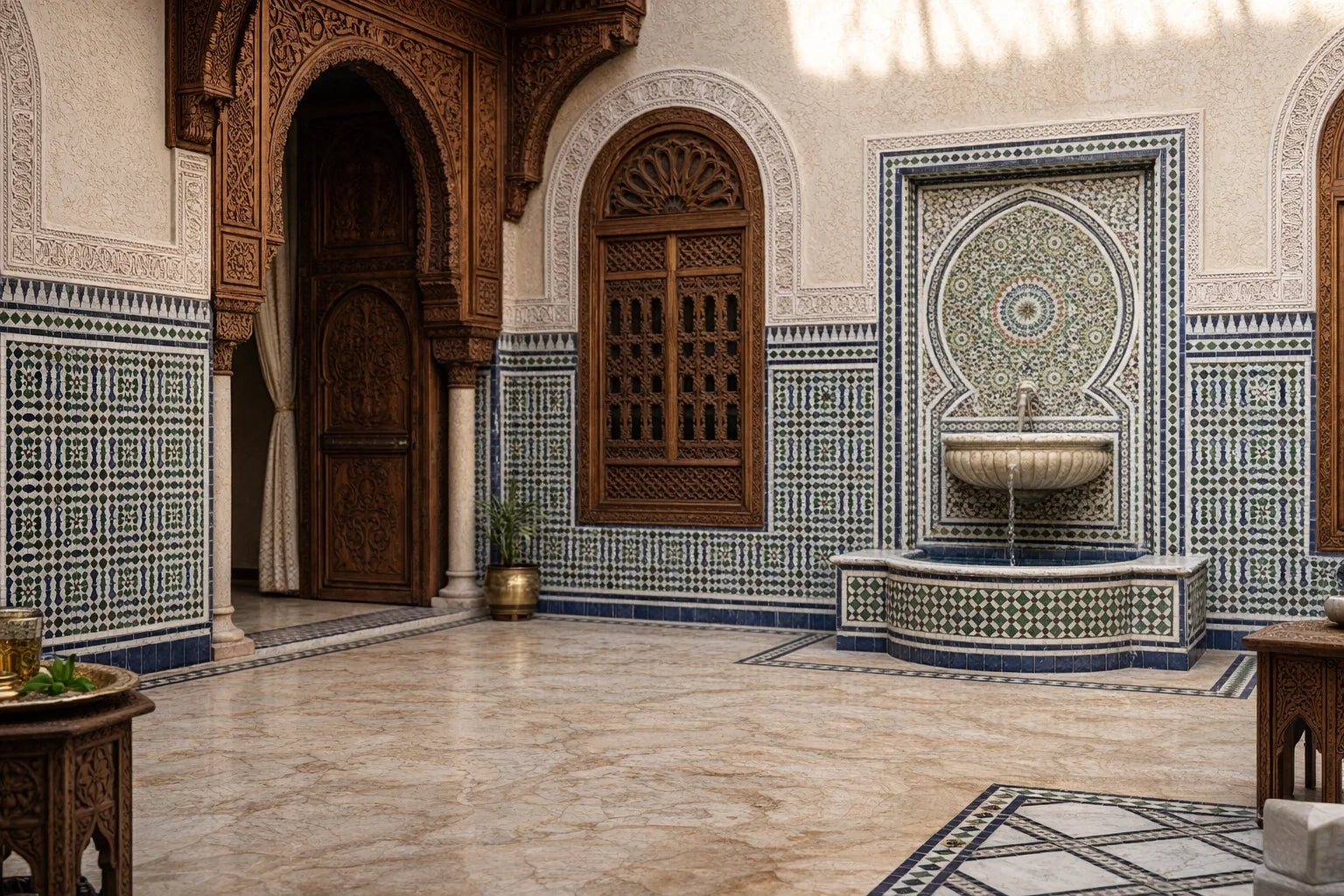 Cour intérieure d’un riad marocain avec fontaine centrale, murs en zellige traditionnel et architecture artisanale typique du Maroc