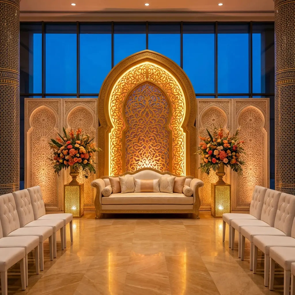 Salle de mariage marocain de luxe avec arche dorée arabesque, canapé blanc et bouquets de fleurs - Décoration orientale