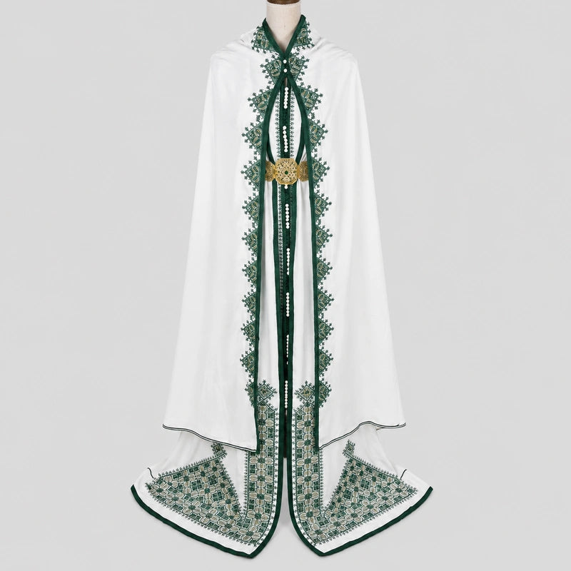 Takchita blanche pour Henna Tarz Al Fassi avec cape blanche et broderies vertes et dorées vue de face caftan marocain femme