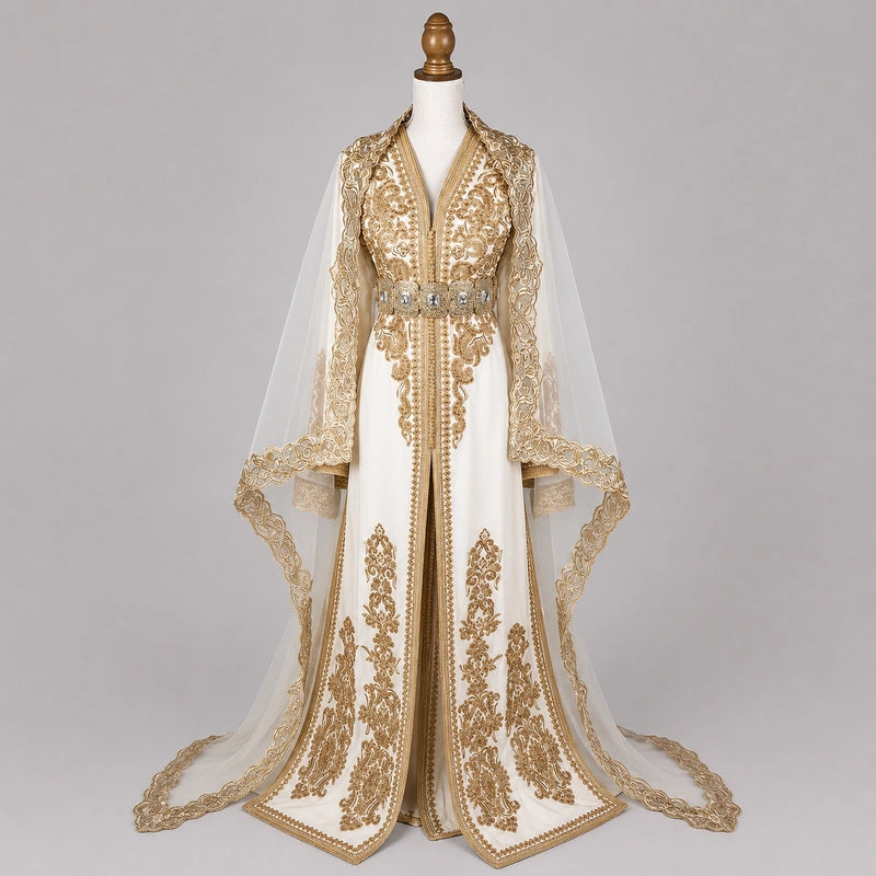 Takchita mariée blanc cassé avec cape en tulle et broderies dorées sur crêpe de soie style caftan marocain élégant