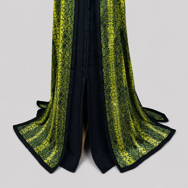 Bas de takchita noire à motifs vert olive et jaune doré vintage avec finition fluide et style oriental moderne
