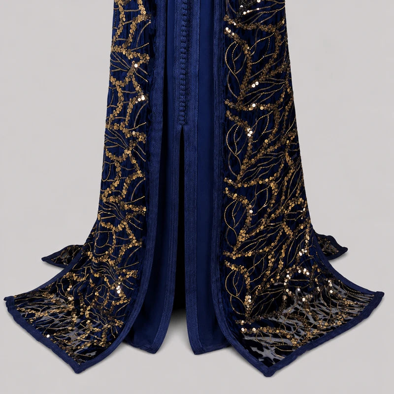 Bas de takchita velours bleue avec broderies dorées scintillantes et finition élégante orientale