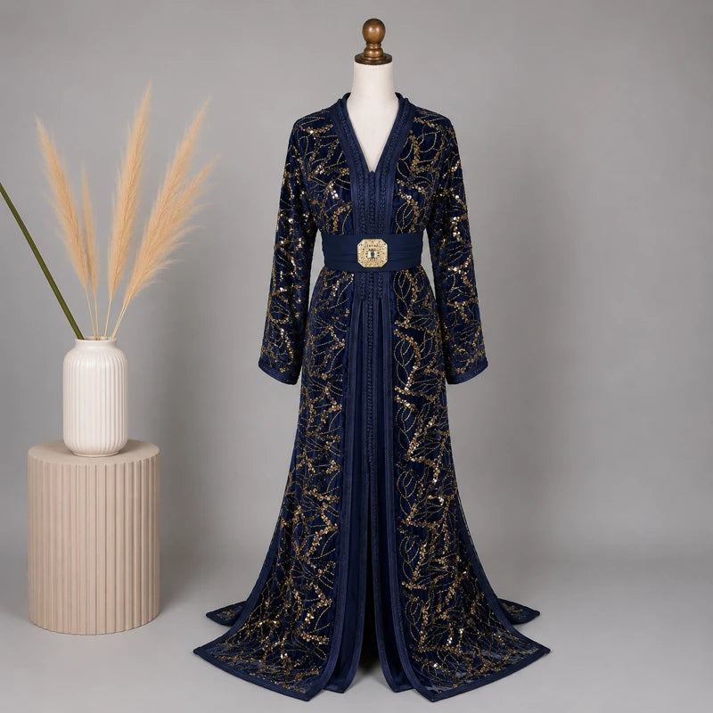 Takchita velours bleue à motifs dorés avec ceinture élégante et broderies raffinées style oriental marocain