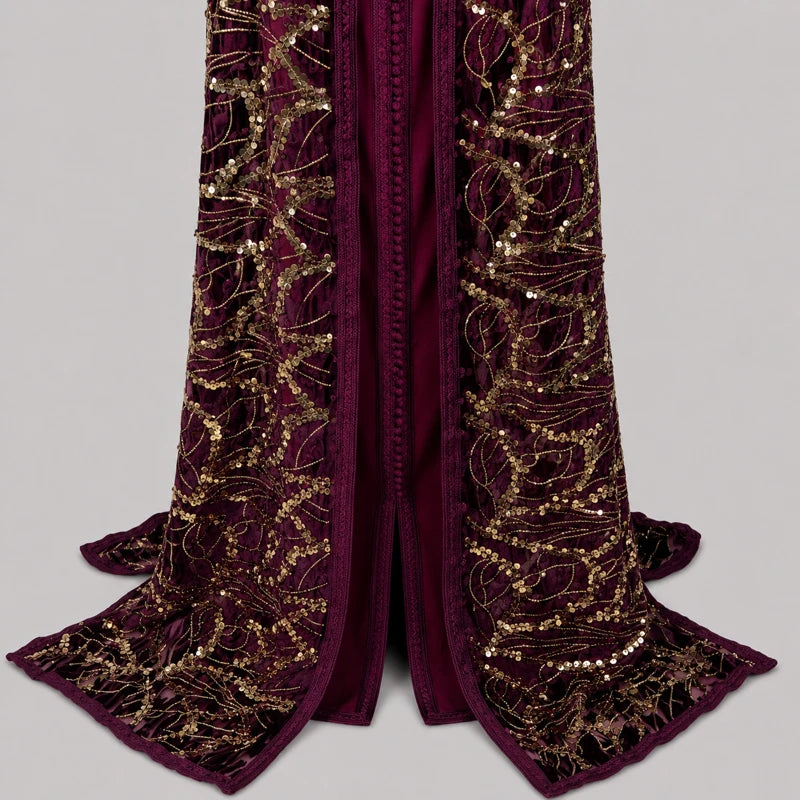 Détail bas takchita velours bordeaux avec motifs dorés scintillants, paillettes élégantes et finition orientale raffinée
