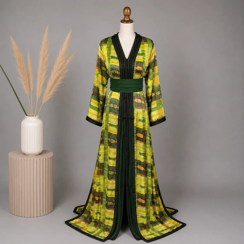Takchita verte et jaune en crêpe vintage avec motifs contrastés, ceinture verte et coupe moderne fluide présentée en packshot élégant